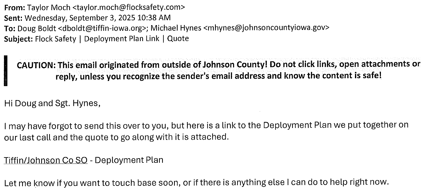 September 3 email from Taylor Moch (Flock) to Tiffin and Hynes