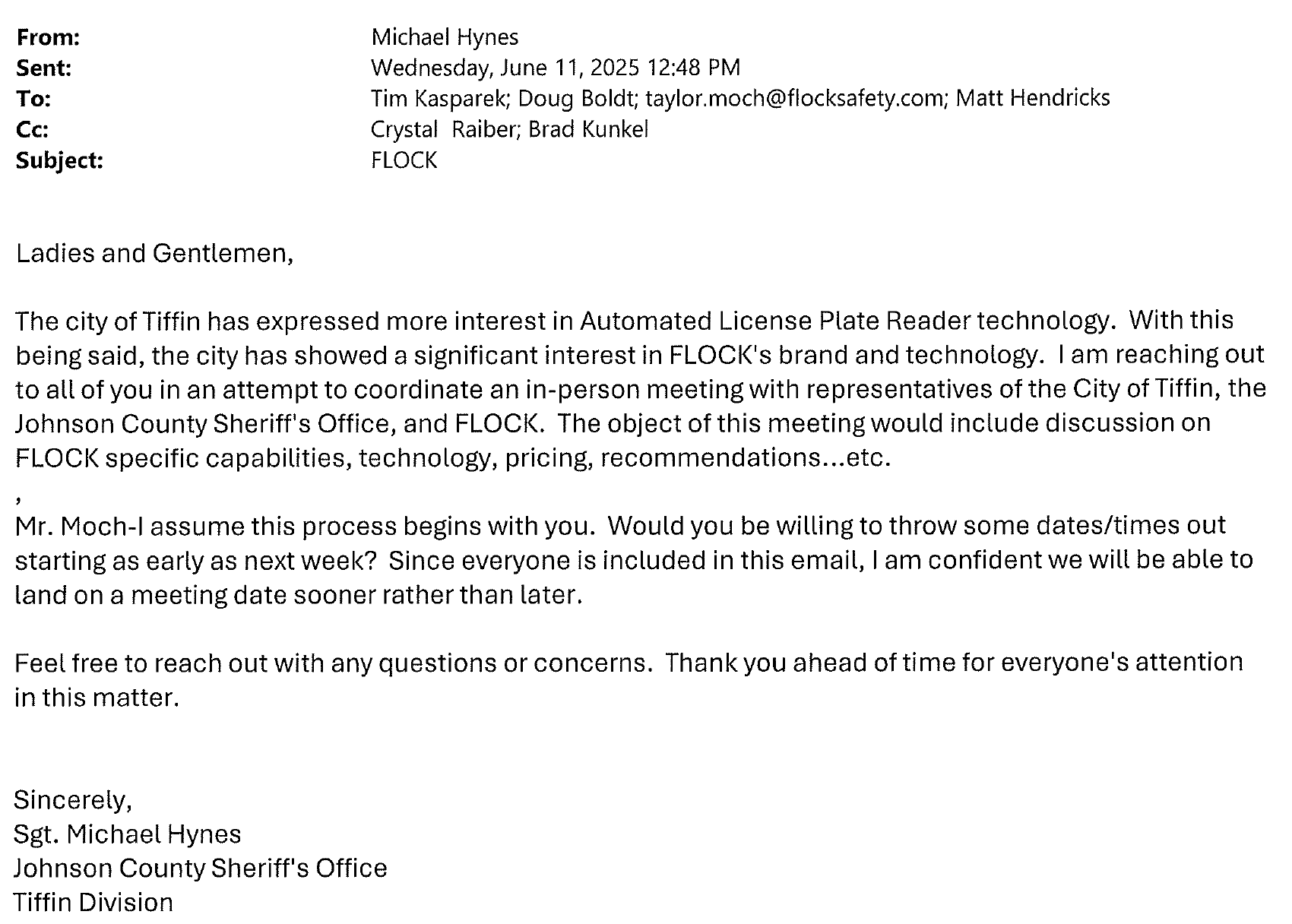 June 11 email from Hynes to JoCo and Tiffin, coordinating meeting