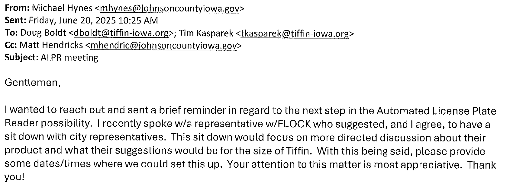 June 20 email from Hynes to JoCo and Tiffin, following up