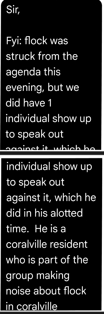 Text message saying item was struck