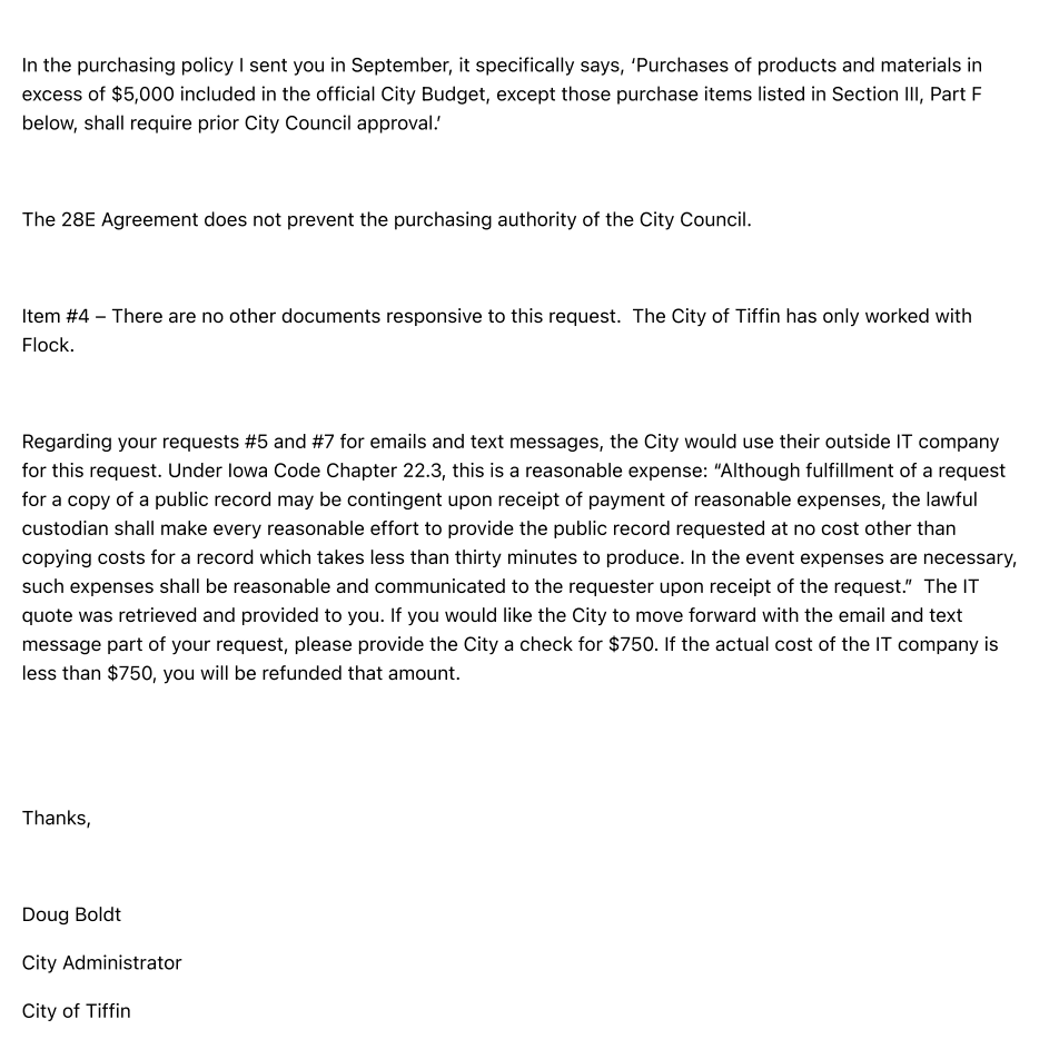 Email from Tiffin city administrator Boldt