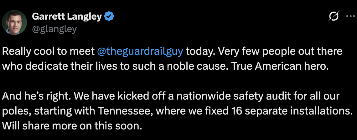 Tweet from Garrett Langley announcing a nationwide safety audit of Flock poles after meeting the Guardrail Guy, and 16 installations fixed in Tennessee