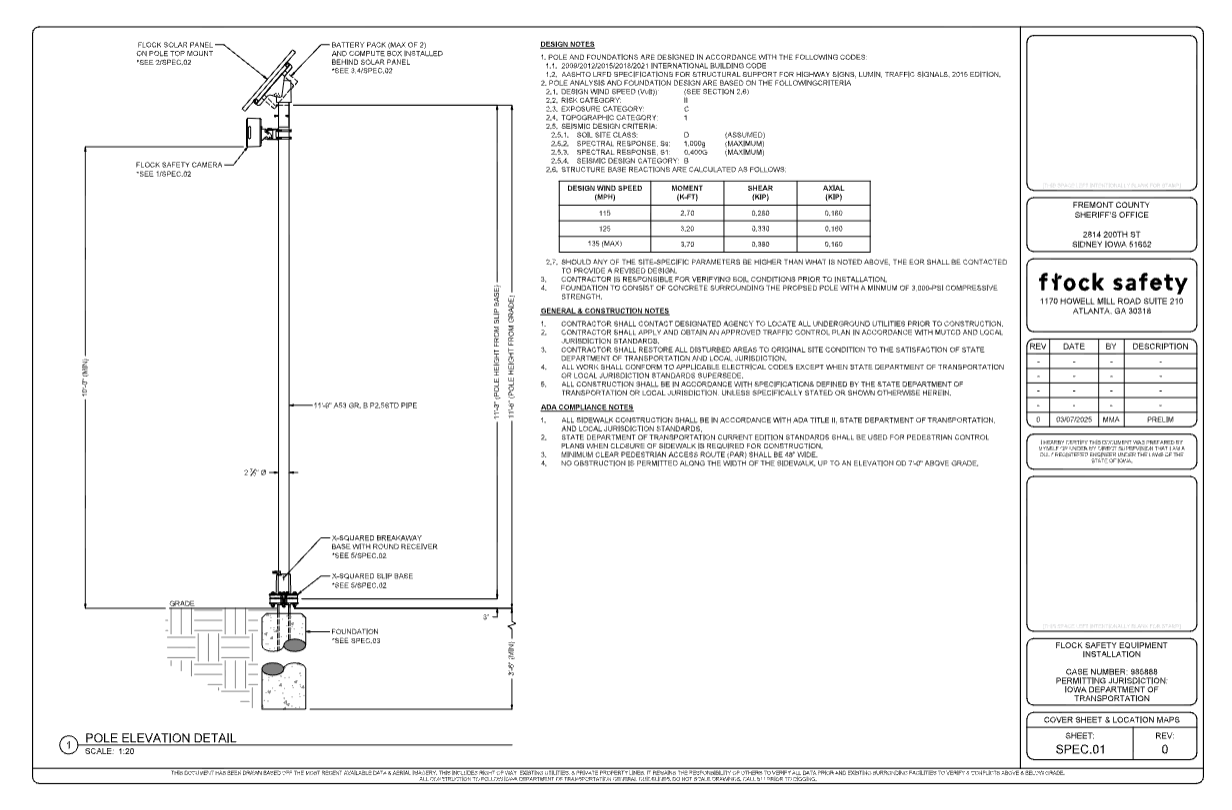 Iowa DOT permit drawing SPEC.01, pole elevation detail, showing a dedicated Flock pole with X-Squared breakaway base and slip base
