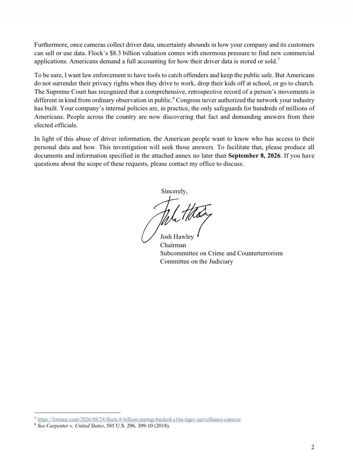 Second page of Senator Josh Hawley