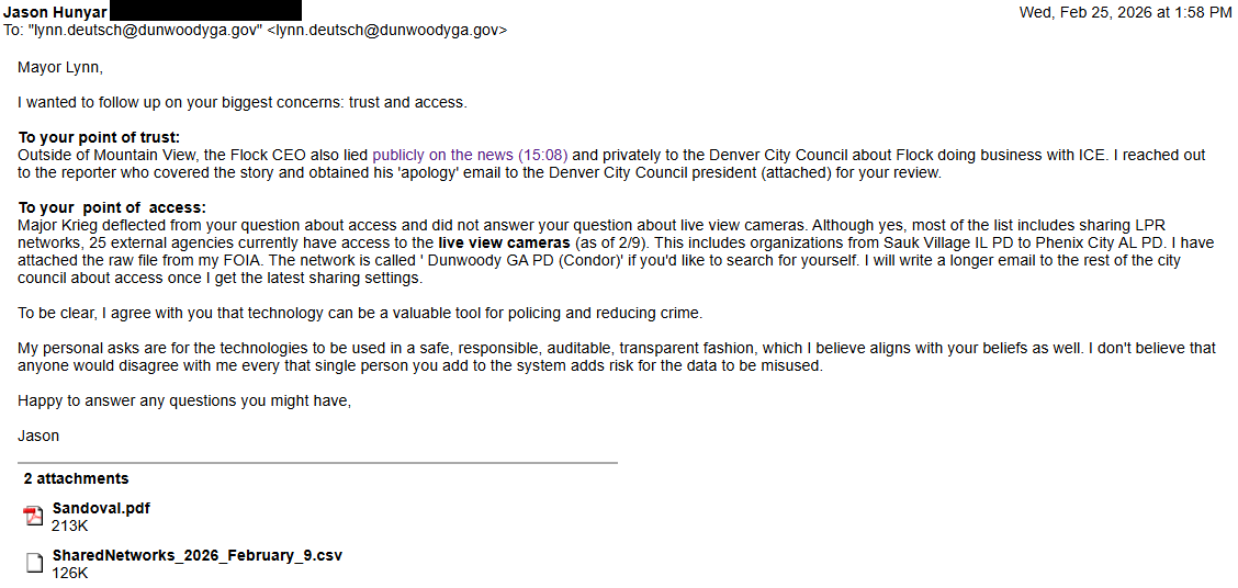 Email of Garrett Langley sent to a Denver City Council member, forwarded to
Mayor Deutsch in
February.