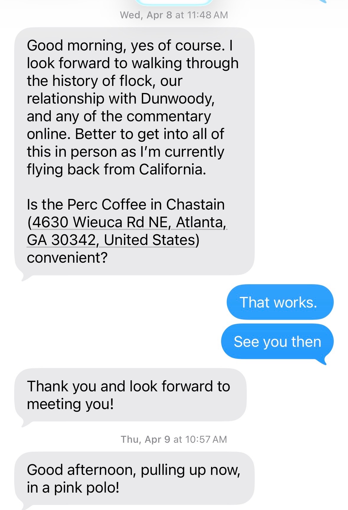 Text messages from Mayor Lynn Deutsch to Flock CEO Garrett Langley arranging
a private coffee meeting, obtained through open
records.