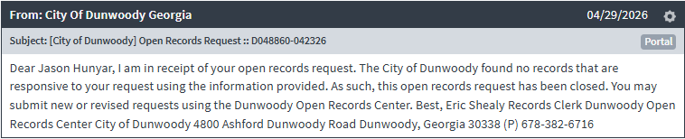 City of Dunwoody's open-records response stating "no records are responsive"
to a request for any Flock testing or demonstration
agreement.