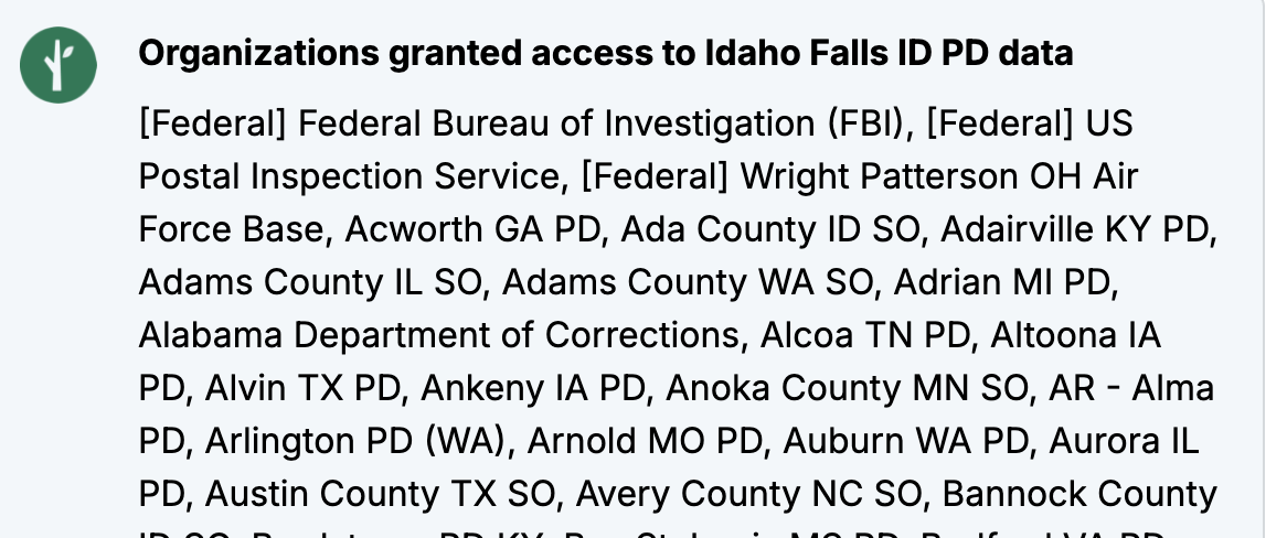 Idaho Falls PD transparency portal showing FBI access