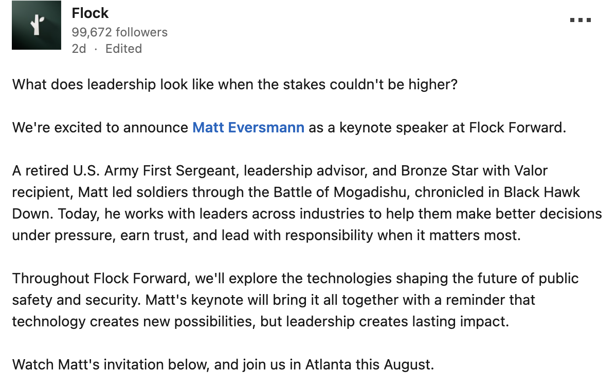 Flock LinkedIn post announcing Eversmann as keynote speaker