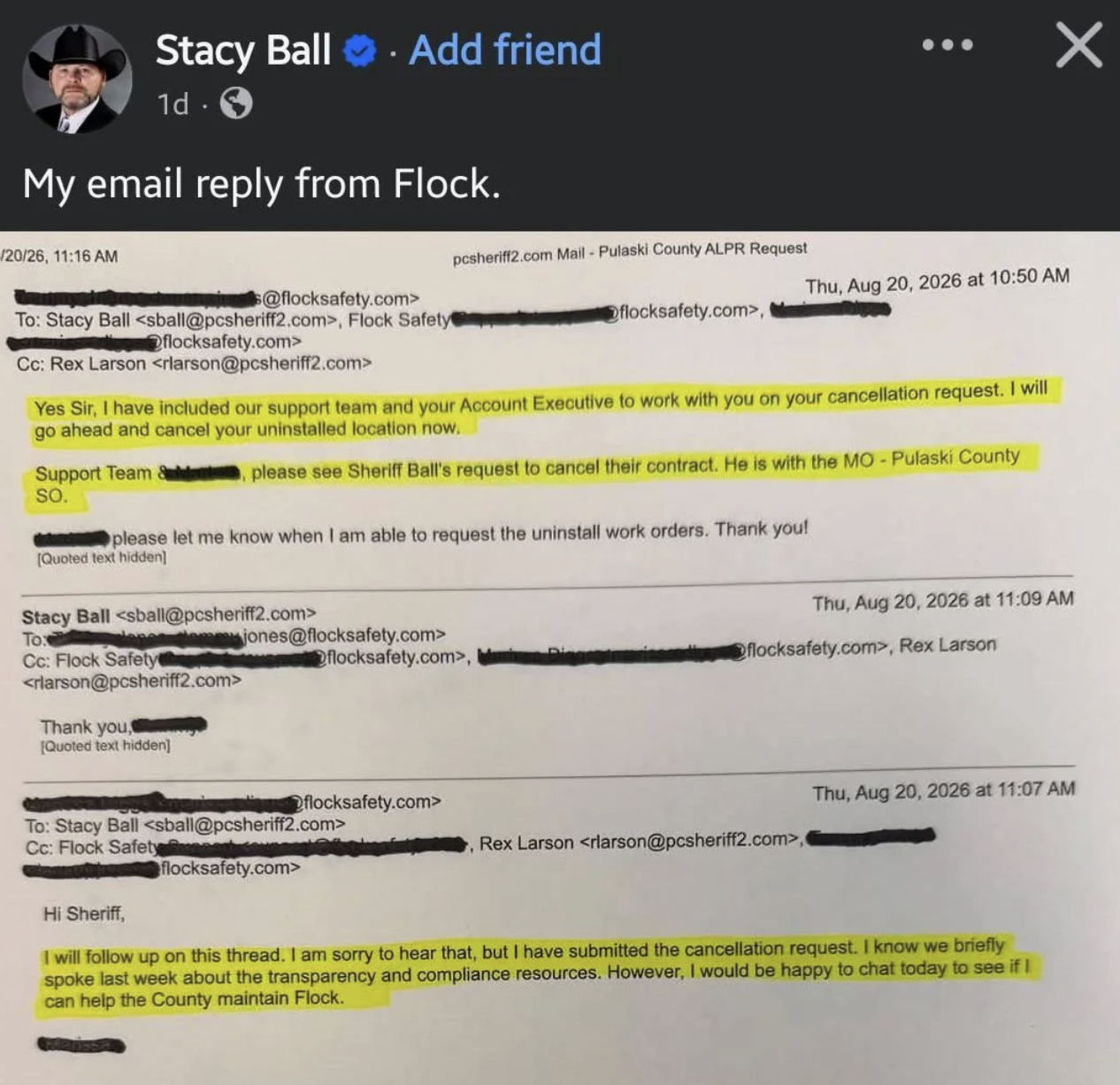 Email between Stacy Ball and Flock