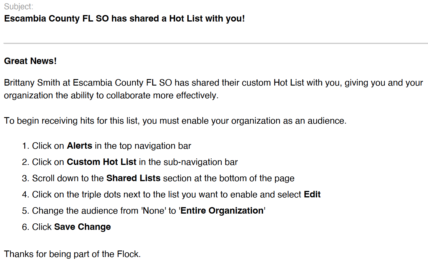 Email showing hotlist by Brittany Smith shared from Florida
agency