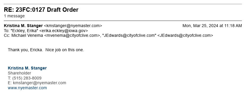 Email reading "Thank you Ericka[sic]. Nice job on this one =)"