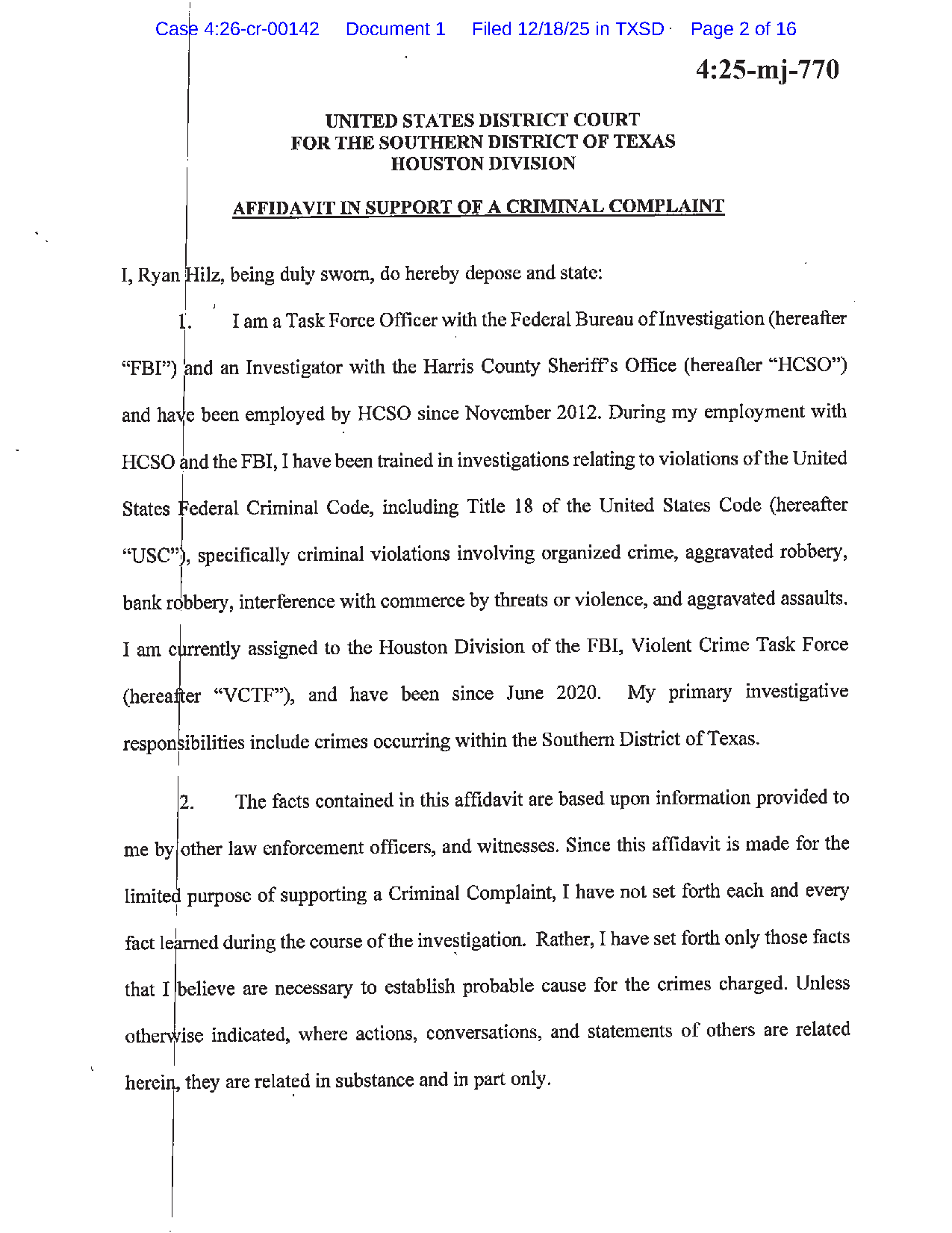Affidavit in Support of a Criminal Complaint, Case 4:25-mj-770 — paragraph 1